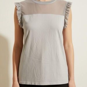 Trame Italy Gray Mesh Yoke Ruffle Sheeve Top Grey